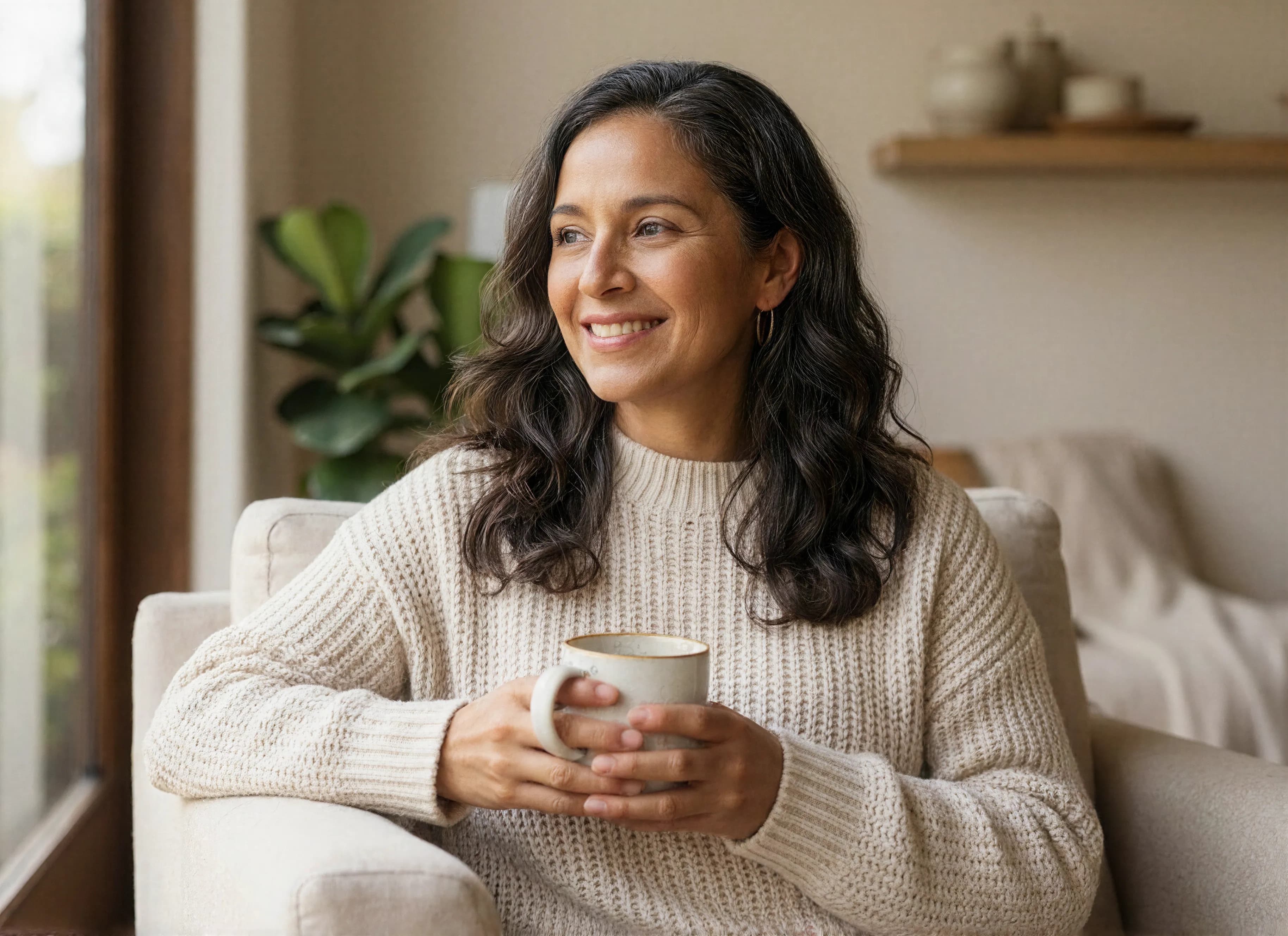 Smiling woman in a white sweater at home